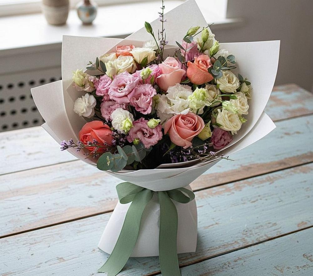 Букет цветов из: Розы, Лизиантусы и Гвоздики в Обнинске