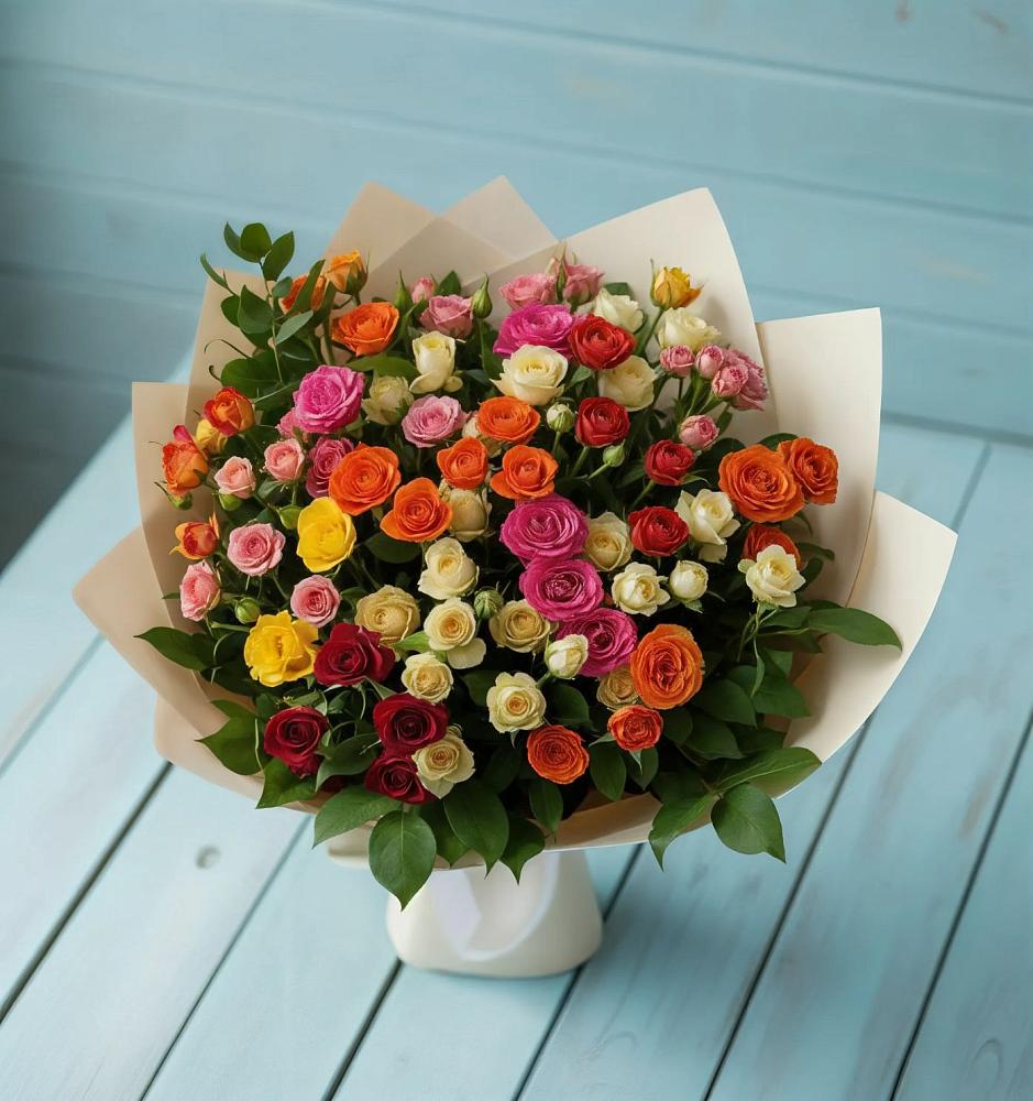 Букет Микс из разноцветных кустовых роз в Обнинске