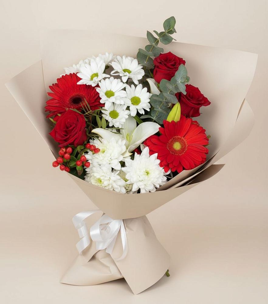 Букет цветов из: Розы, Хризантемы, Герберы и Лилии в Обнинске